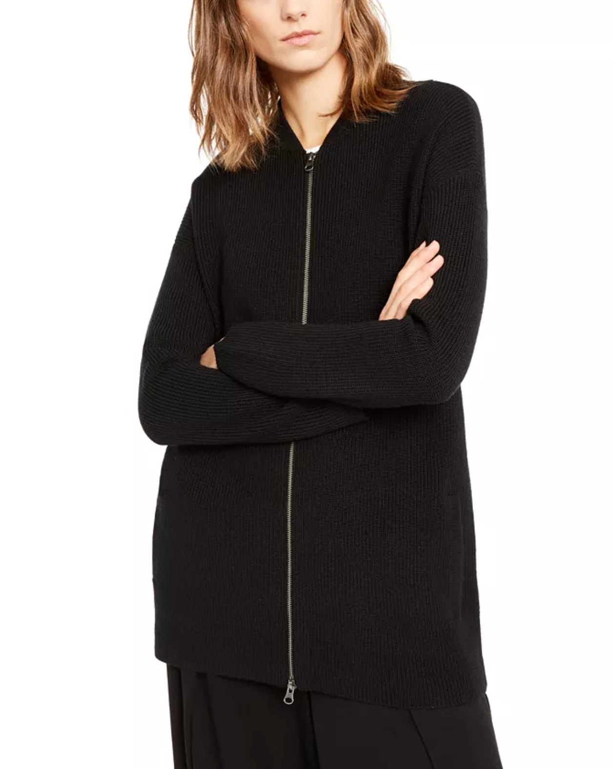 Eileen Fisher Wool Flight Cardigan Women's L Black Full Zip Rib Longline Sweater